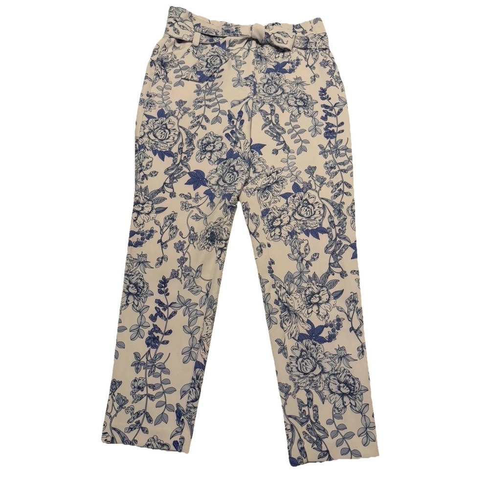 NY&CO Women's Cordia Floral Pants Size 8 Blue White Waist Tie Eccentric Bag Pant